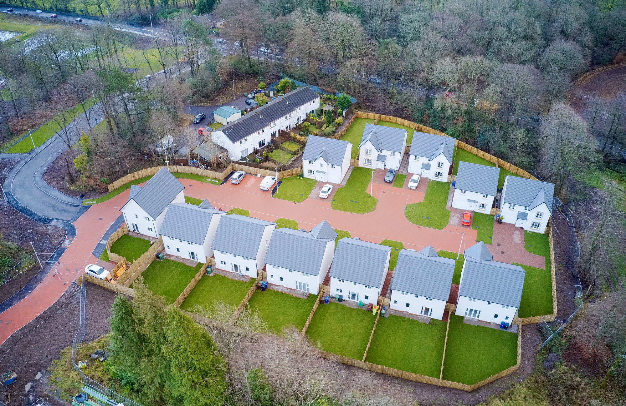 Aerial view of a modern housing estate in winter